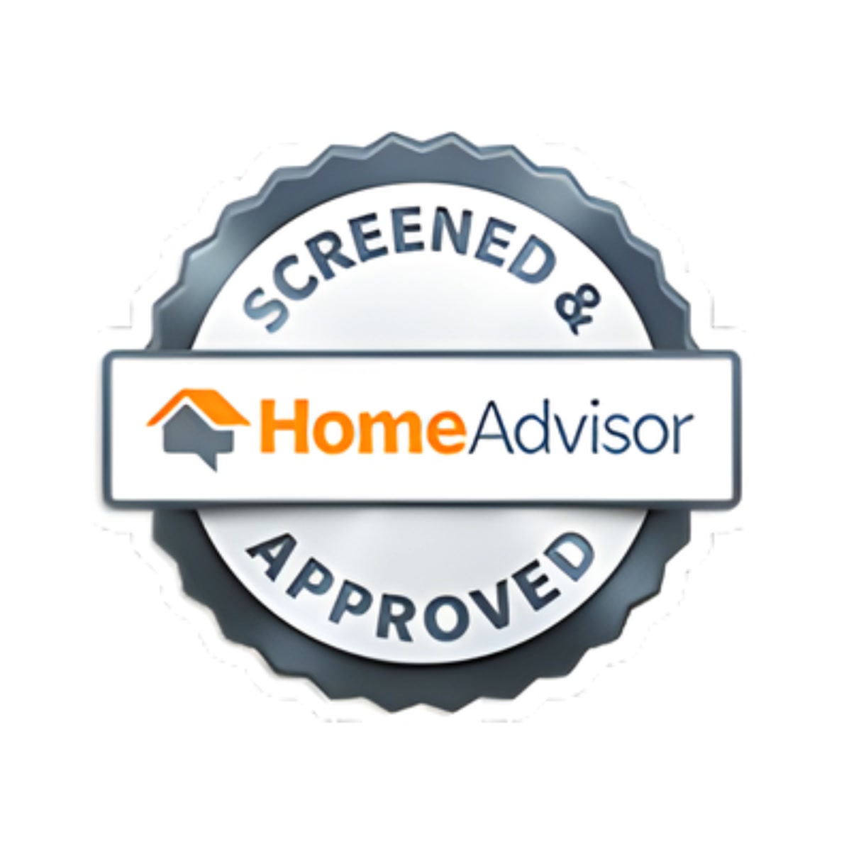 A circular badge with a metallic border reads “Screened & Approved.” In the center, the HomeAdvisor logo, featuring an orange house icon and text, is displayed on a white ribbon across the badge.
