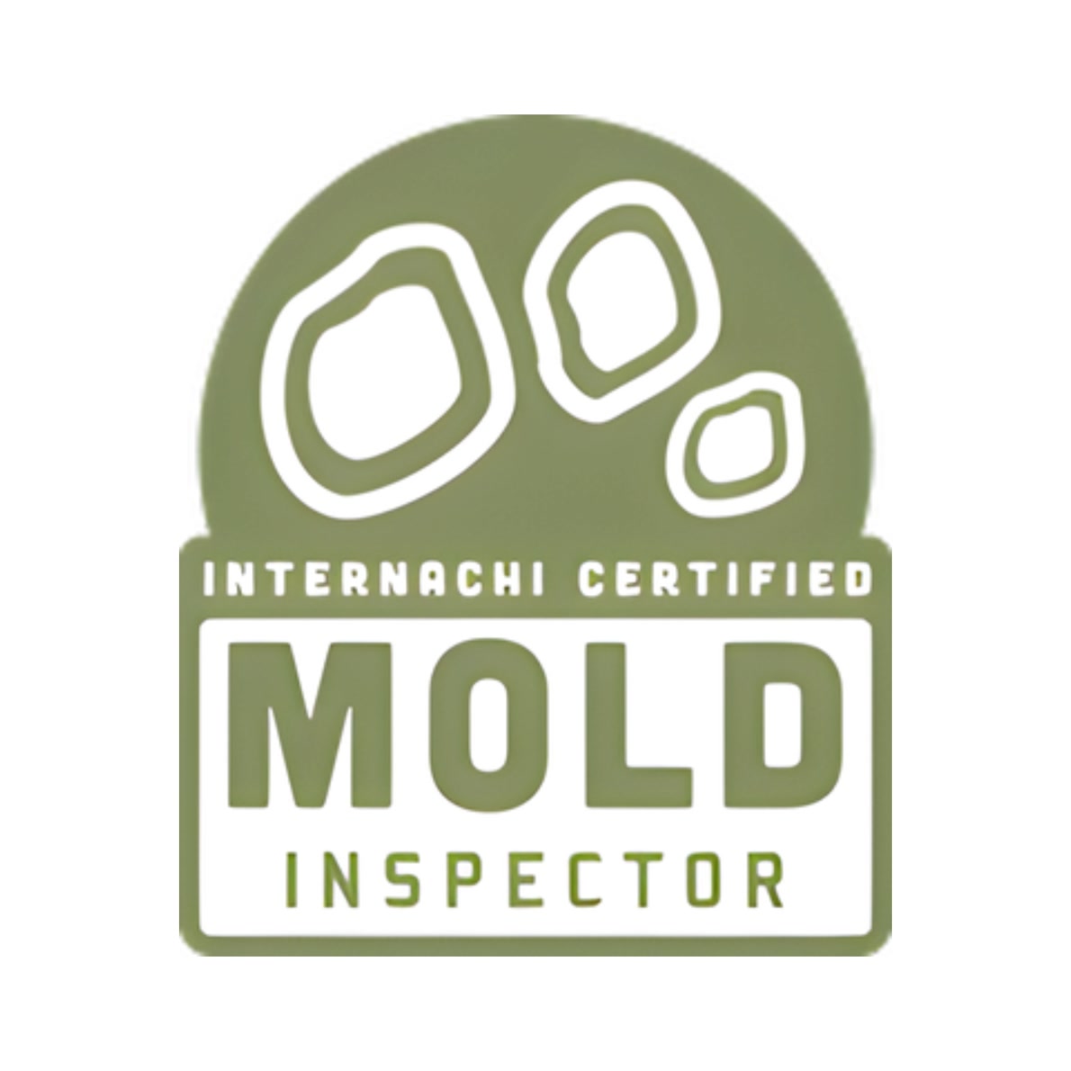 A green and white badge with abstract mold shapes and the text "Internachi Certified Mold Inspector" in bold capital letters.