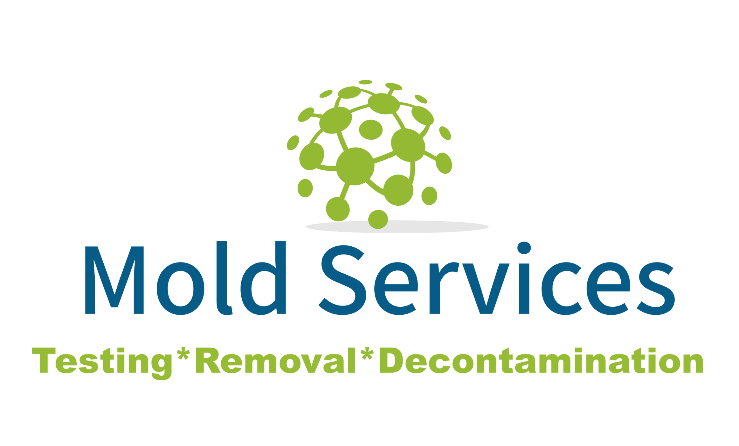 Logo with a green molecular structure above the words "Mold Services" in blue. Below, green text reads "Testing*Removal*Decontamination" on a white background.