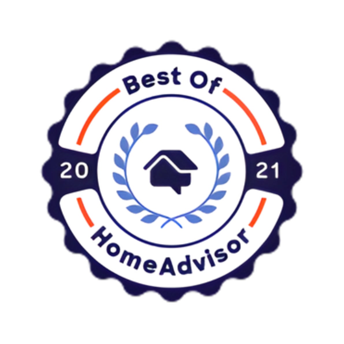 A circular badge with a house icon and laurel leaves in the center, text reads "Best Of HomeAdvisor 2021" in blue with orange accents.