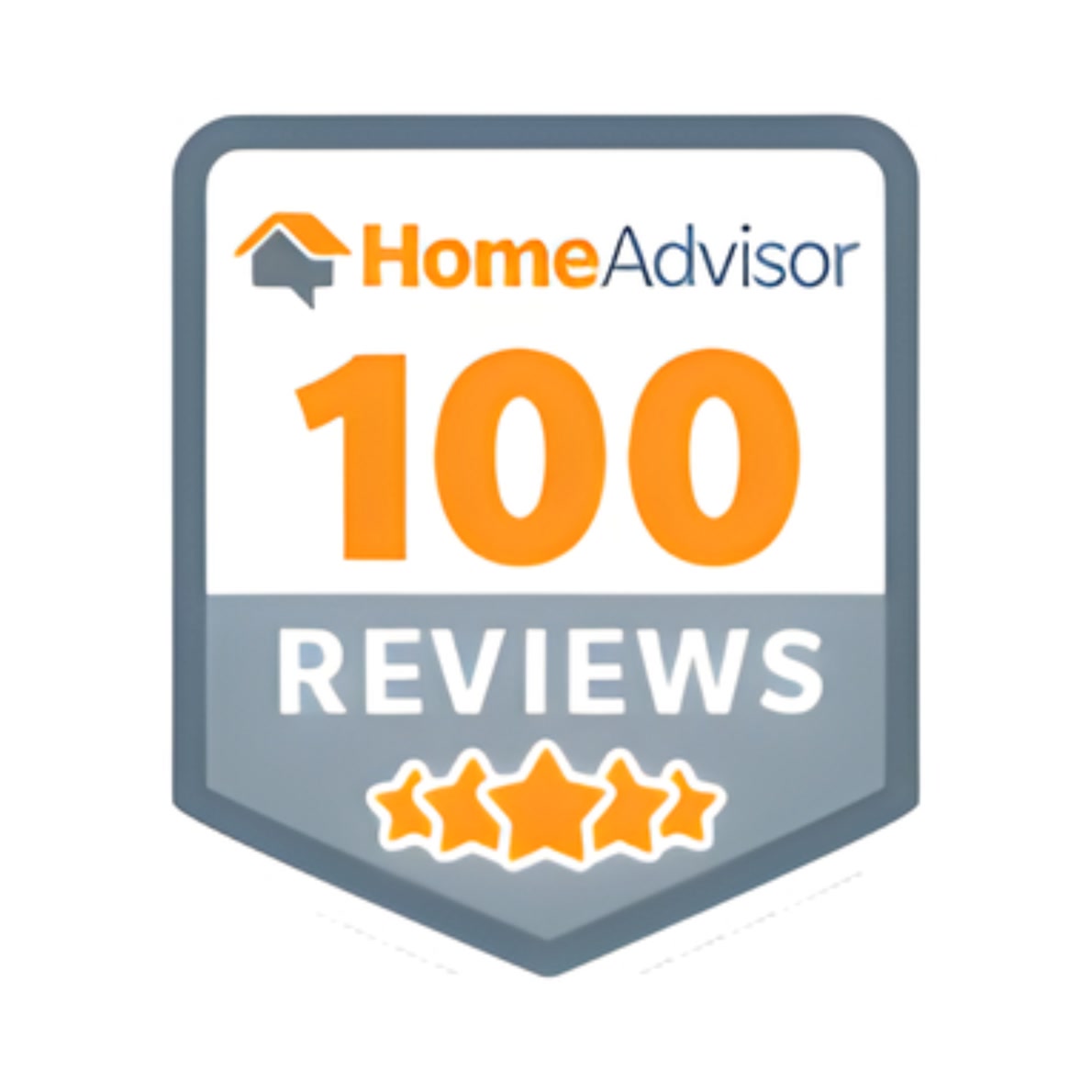 A badge with "HomeAdvisor" at the top, "100 REVIEWS" in large orange and white text, and five orange stars at the bottom, symbolizing a milestone of 100 reviews.
