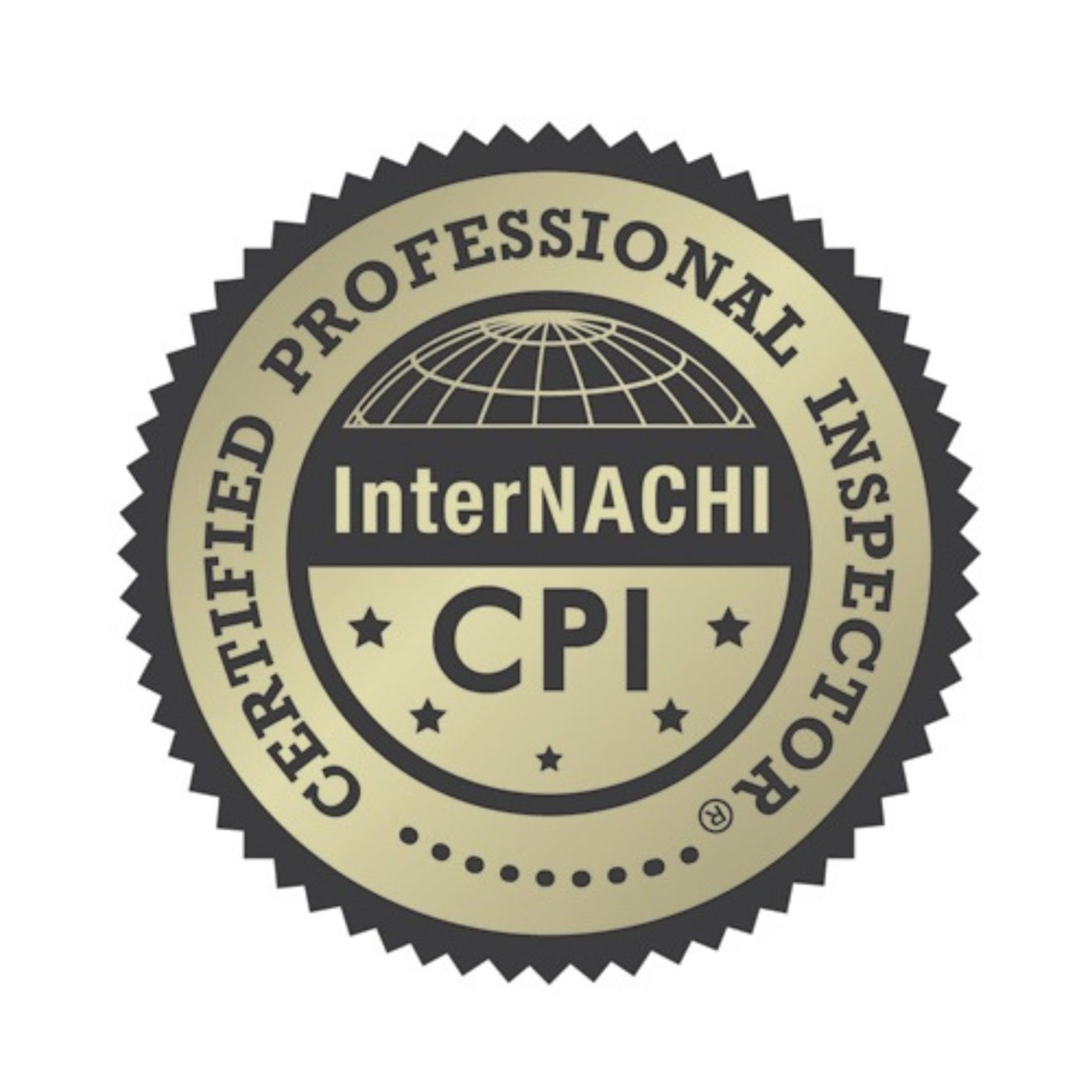 A gold and black circular badge with the words "Certified Professional Inspector" around the edge and "InterNACHI CPI" in the center, featuring a globe design at the top.